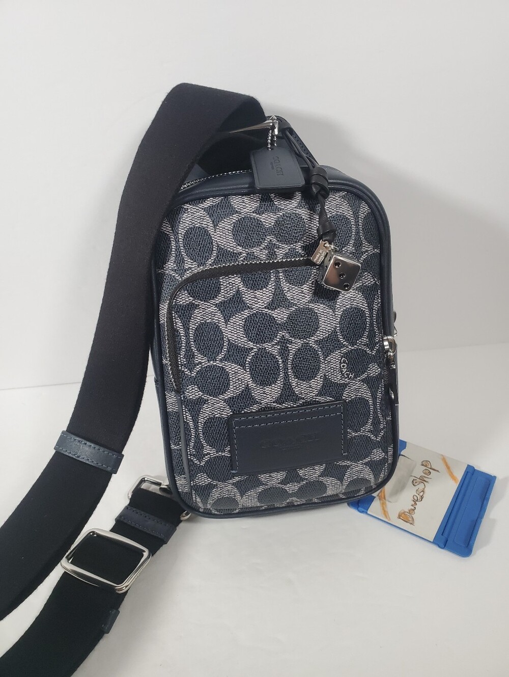 NWT Coach men Racer Sling Pack Signature Canvas Charms CEB27 Silver Denim Chalk